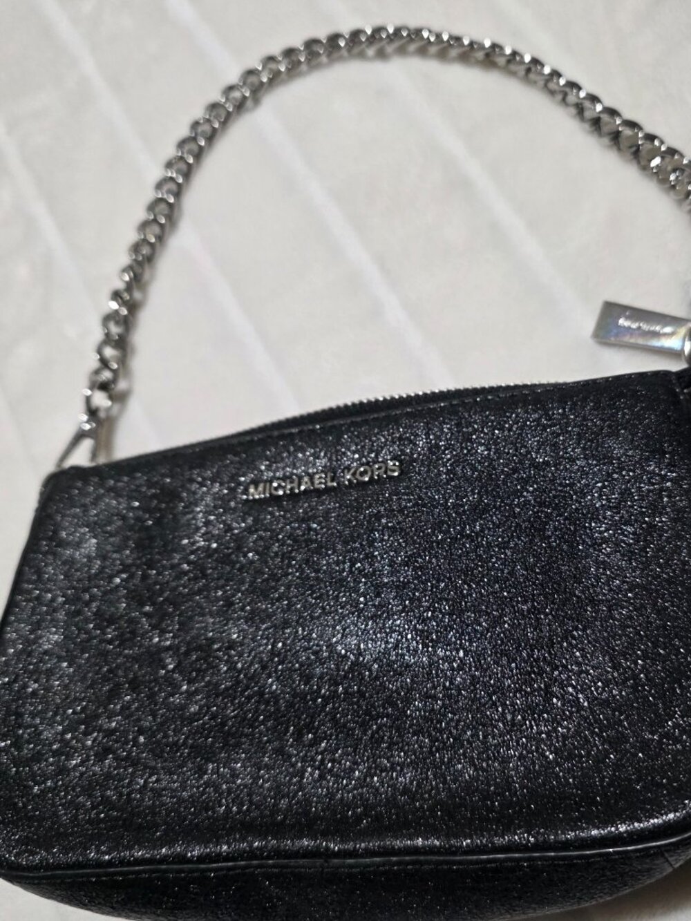 Michael Kors Small Chain Pouchette Handbag Black Glitter